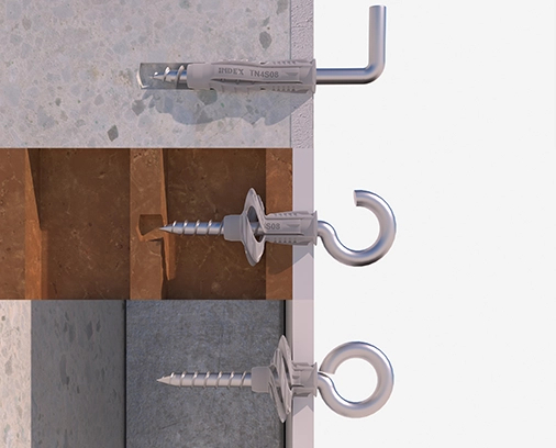 Tres anclajes con Tacos de Nylon® TN4S anclados sobre tres superficies distintas visualizado con corte transversal