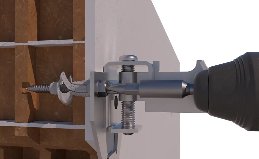 Vista seccionada de pared con soporte anclado con anclaje y taco de Nylon® TN4S